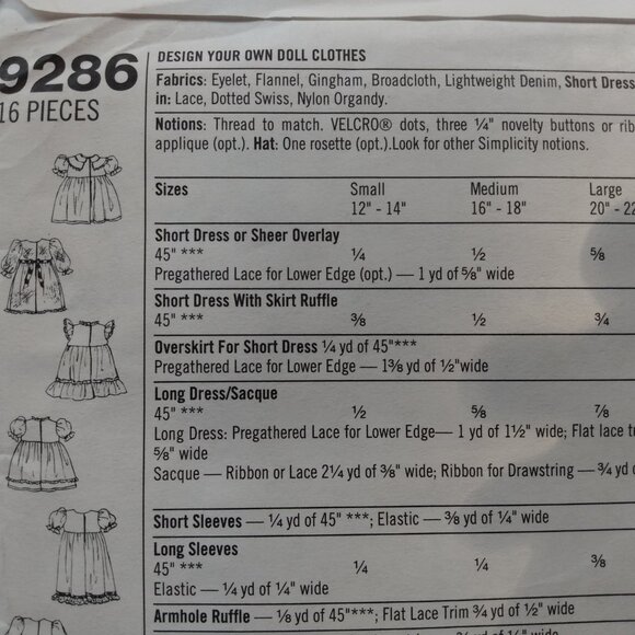 Vintage Doll Clothes Sewing Pattern Dress 12" to 22" Dolls Simplicity 9286 UNCUT - Picture 6 of 9